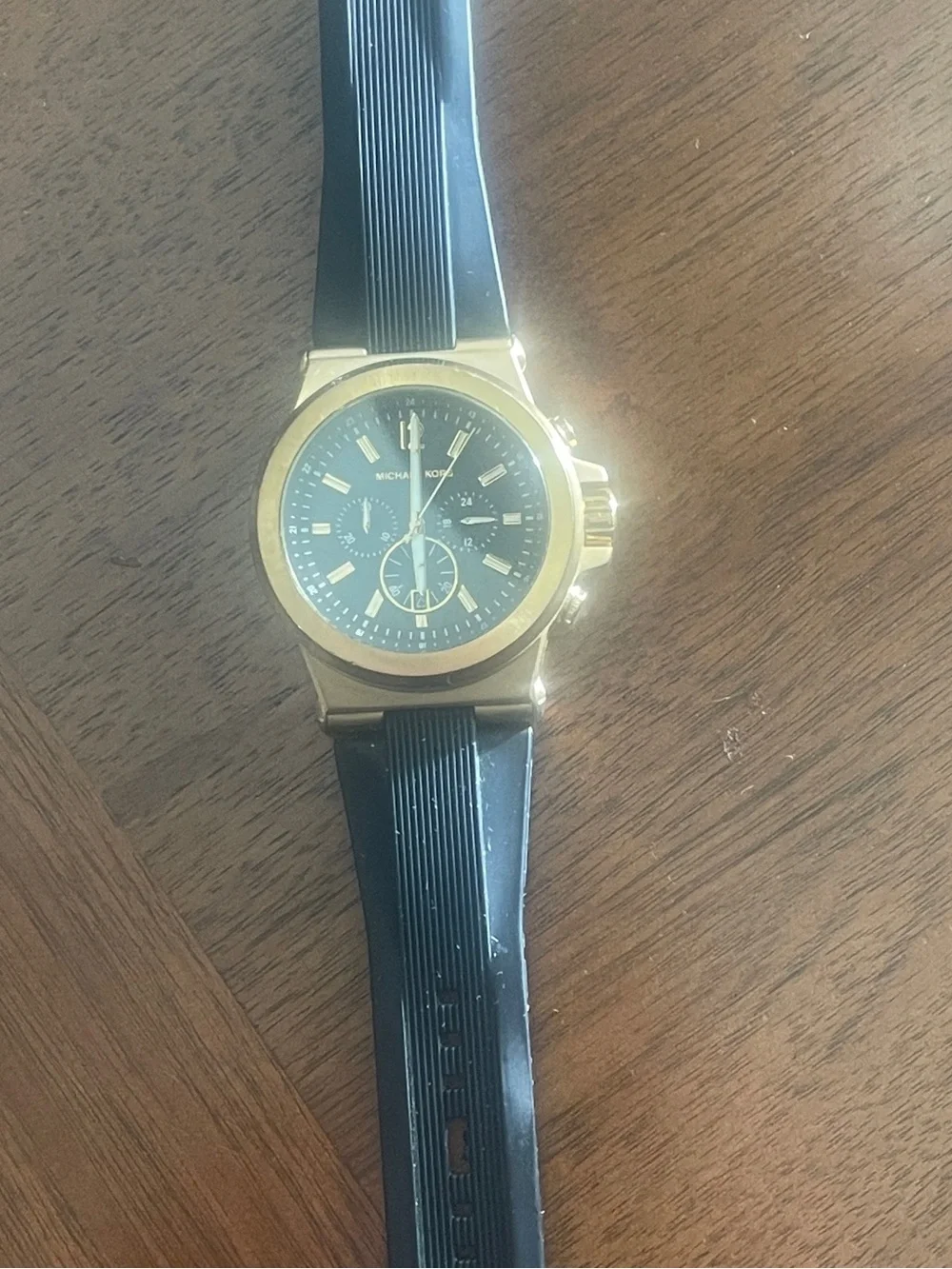 Michael Kors Gold-Tone Chronograph Watch with Black Dial and Black Strap